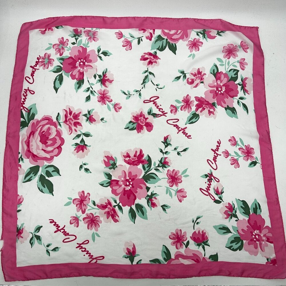 JUICY COUTURE *Flawed* Pink White Green Floral Rose Square Scarf Shawl Polyester